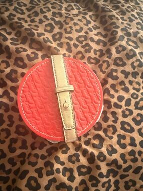 Coach Round Coral and Tan Leather Cosmetic Case